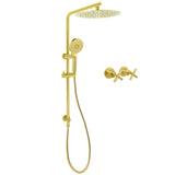 WELS Brushed Gold Twin Shower Large Round 12" Rain Head Handheld Silde Wall Rail Arm Stylish Mixer