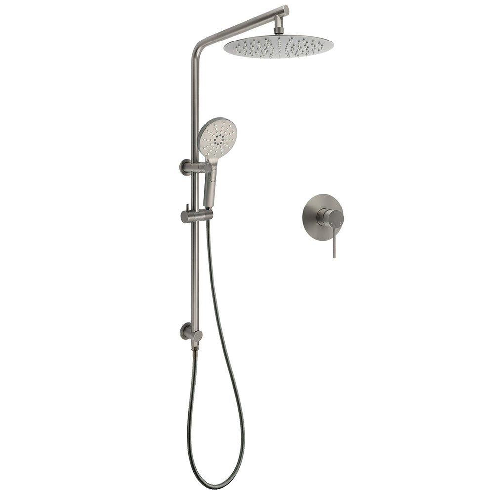WELS Gun Metal Round 10" Twin Shower Head 3 Modes Handheld Slide Rail Diverter Mixer