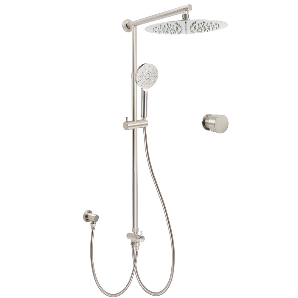 Brushed Nickel 12" Large Rain Head Twin Shower Handheld Sliding Rail Arm Set With Mixer