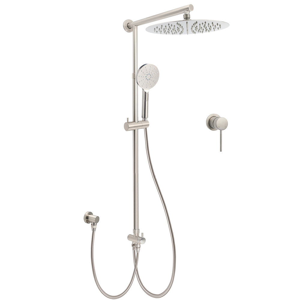 Brushed Nickel Round 12" Rainfall Head Shower Handheld Sliding Rail Small Face Mixer 2in1 Set