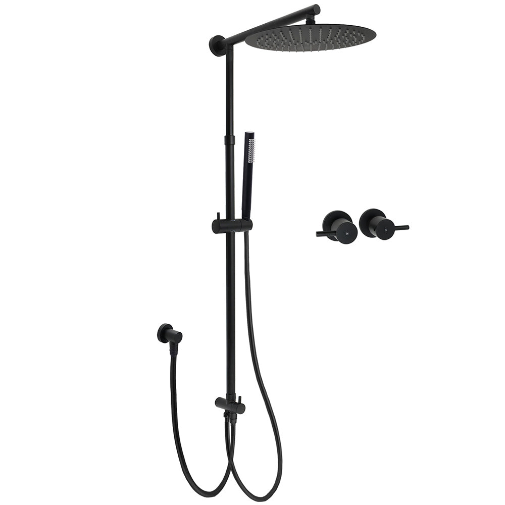 WELS Matt Black Dual 12" Round Shower Head Set Metal Handheld Rail Wall Arm Elbow Inlet Twin Taps
