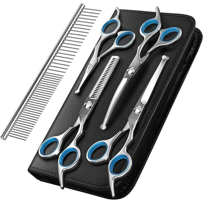 Dog Grooming Scissors Blue, 5, Coated Stainless Steel Piece Pet Grooming Tool Set in Titanium