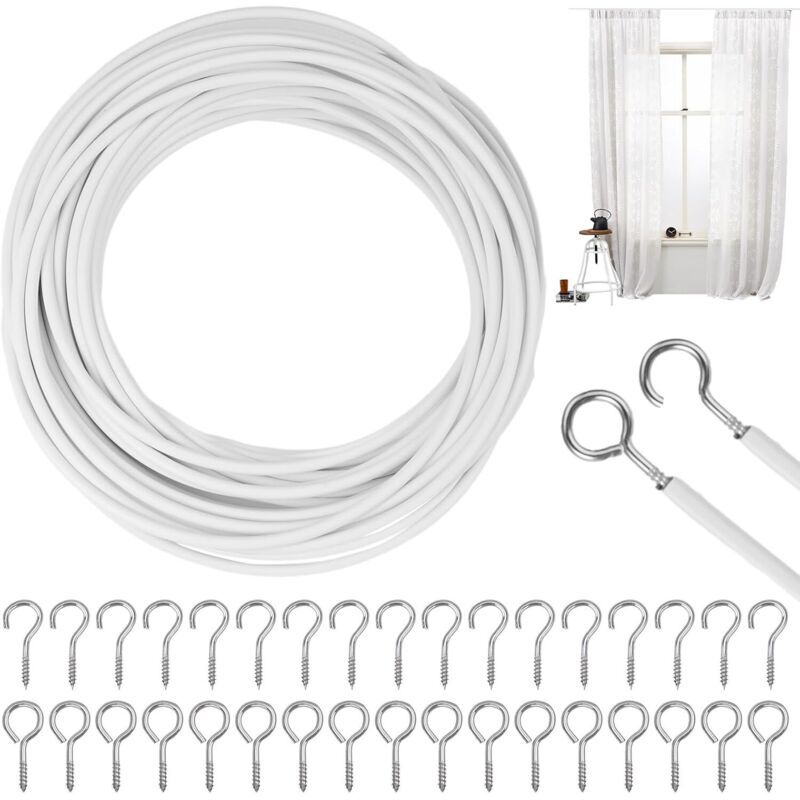 25 Pcs Curtain Cable White, Shower Curtains Curtain Cable Soft Rod Curtain Wire with Eye Bolts Screw Hooks, 10M