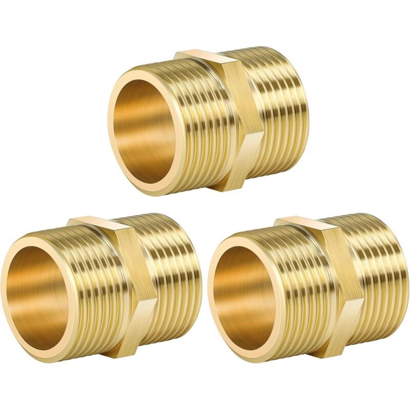 3 Pcs Double Nipple Thread Outdoor in Brass Rust, Robust and Anti-Double Hexagonal Nipple Fittings in Brass Suitable for Drinking Water, 0.75 Inch