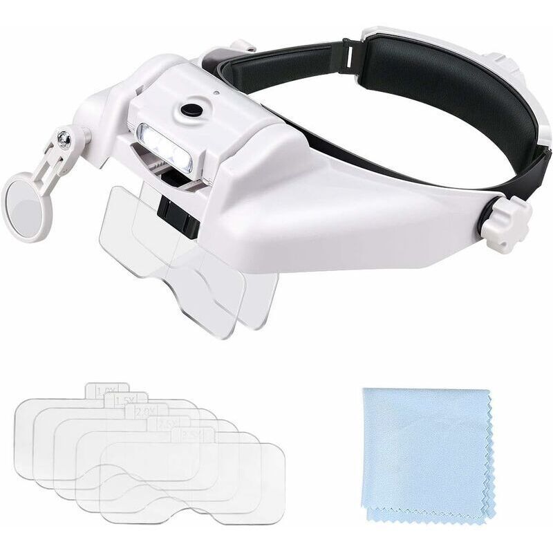 Magnifying Headband Glasses with Illuminated Magnifier with 3 LED Lights, 1.0X to 3.5X, 8X Secondary Lens, 5 Detachable Lenses