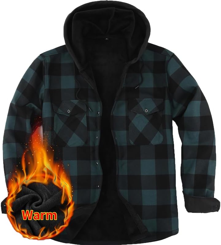 Men's Plaid Shirt Padded Warm Lined Plaid Shirts Men's Casual Plaid Shirt with Pockets Men's Hooded Plaid Jacket Green XL