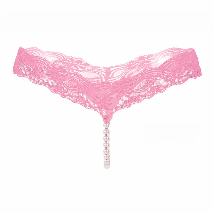 Sexy Lace Underwear Women Back Bow Panties Women G-String T-Back Thong Transparent Lingerie Cute With Beads KL107Pink One Size