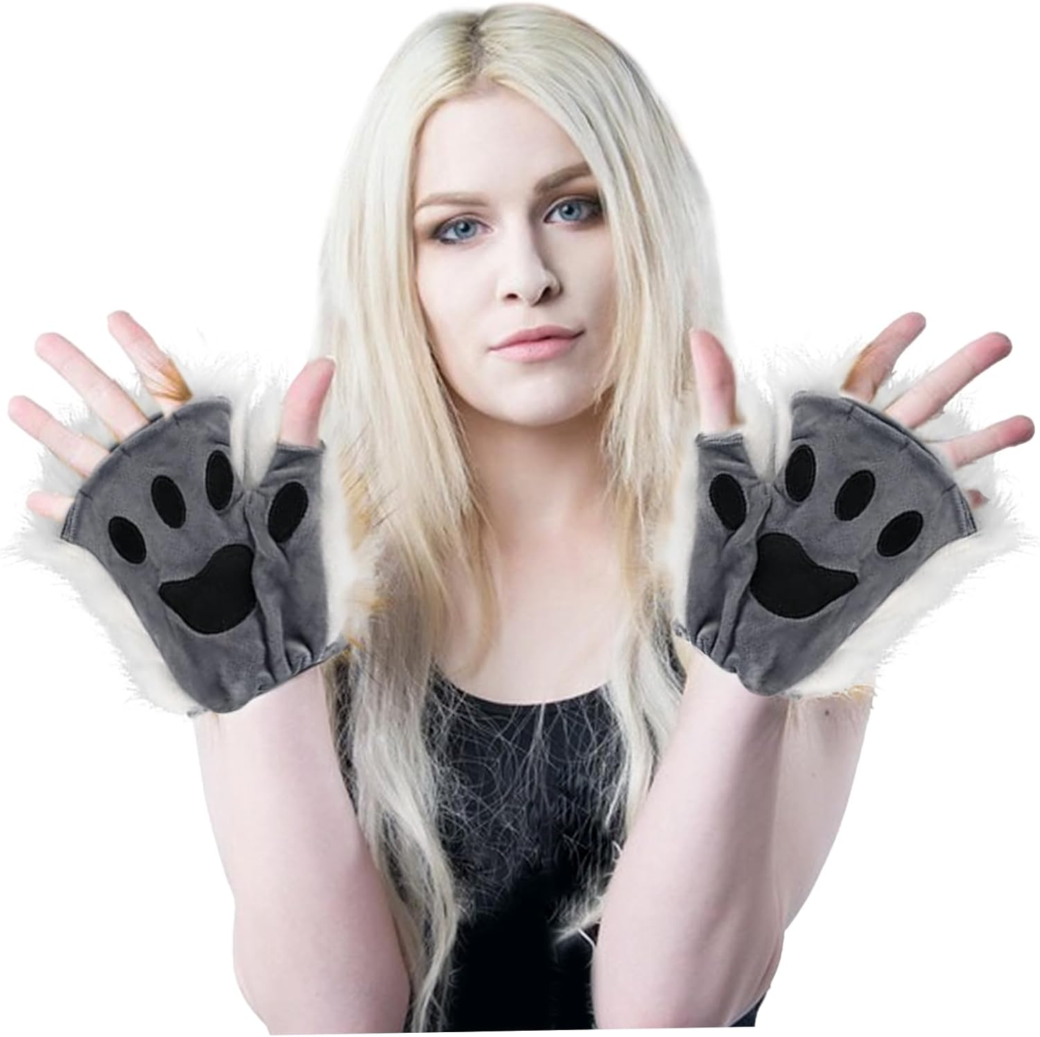 Therian Paws, Cat Paw 1 Pair Half Finger Therian Paws Cute Embroidered Fur Paws Decorative Realistic Paw Gloves for Kids Adults Cosplay Stage, Black Gray