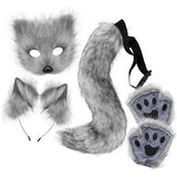 Plush mask with fox tail and ears set, cat tail fox costume cosplay costume with cat ears and paw gloves halloween cosplay gray grey
