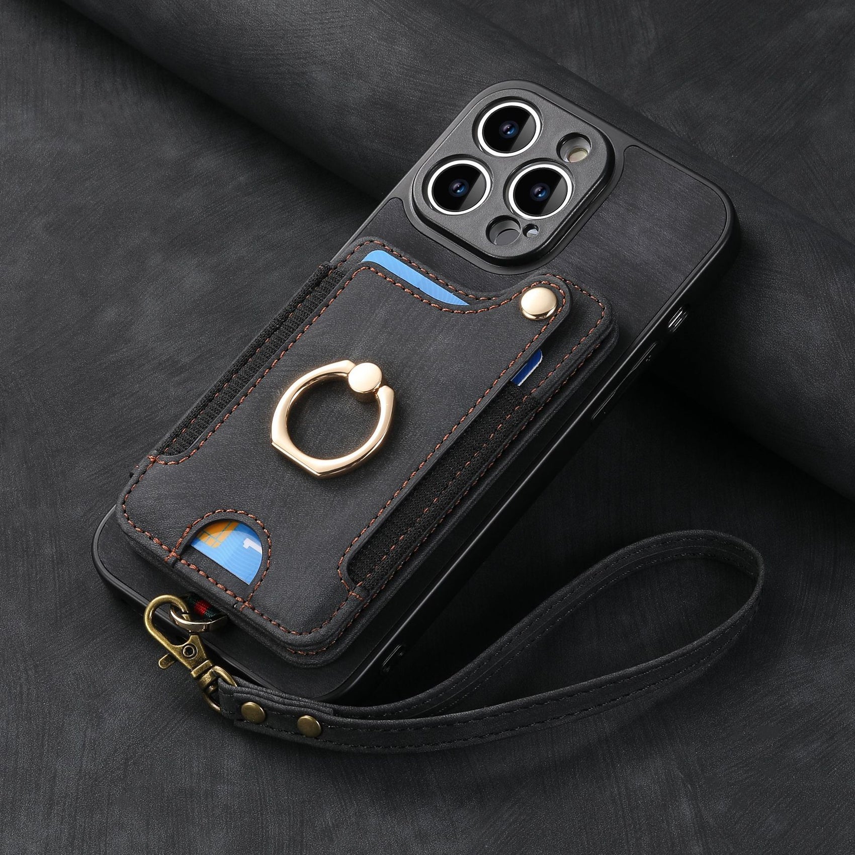 Mobile Phone Leather Case Compatible with iPhone RFID Anti-Theft Swipe Loop Buckle Rope Multifunctional Card Holder Black [With Leather Strap] Black [With Leather Lanyard]] iPhone 15 Pro Max