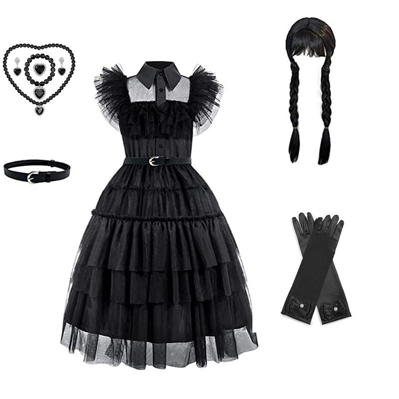 Girls' dress cosplay Wednesday Brigitte princess dress lace details puff sleeves children Wednesday 9pcs 120