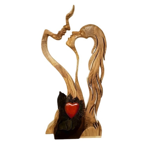 Romantic Abstract Statue Love Heart Kissing Couple Wooden Figures Sculpture