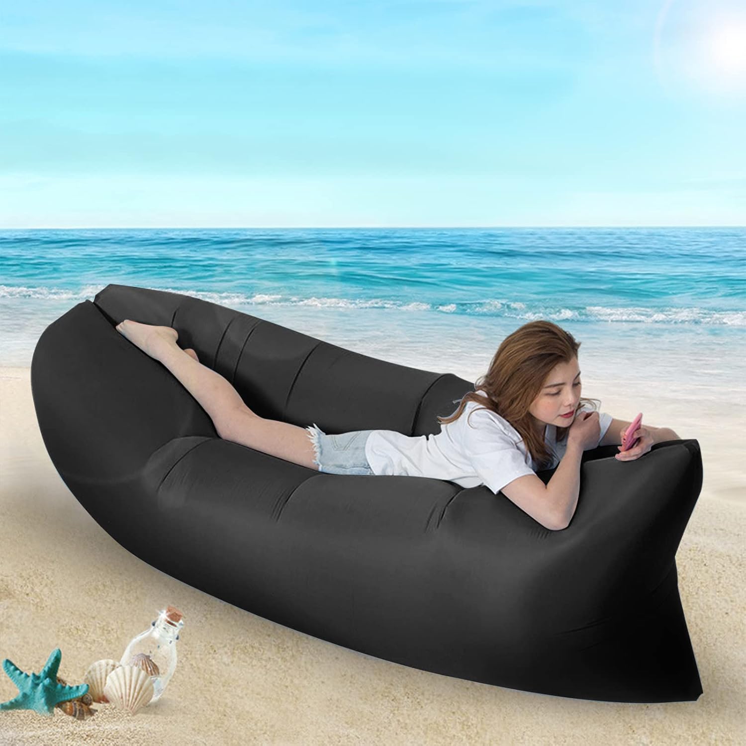 Inflatable Air Lounger with Carry Bag, Portable Inflatable Beach Lounger