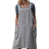 Women's Cotton and Linen Apron with Cross Back and Large Pocket, Gray, M