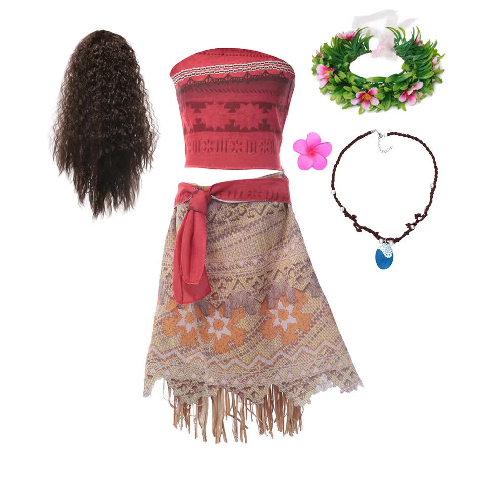 Moana Dresses Girls Children's Clothing Cosplay Vaiana Princess Dress Necklace Wig Kids Carnival Party Summer Disney Costume Set Moana Set 03 Moana Set 03 5-6T(130)
