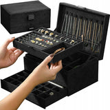 Black Jewelry Box with Key Lock and Multiple Compartments Black—yux