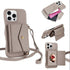 Horizontal Card Pocket Phone Case in Litchi Texture with Long Cord Grey Grey For iPhone 14 Pro