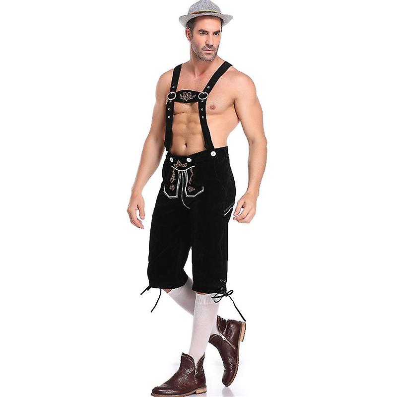 Men's Lederhosen - Genuine Leather, Authentic German Lederhosen for Men, Oktoberfest Outfit - Black-XF7- Black L