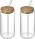 pcs Drinking Glasses with Bamboo Lid and Straw, Beer Can Shaped Iced Coffee Cup for Milk, Coffee, Ice Water, Cocktail (500ml)