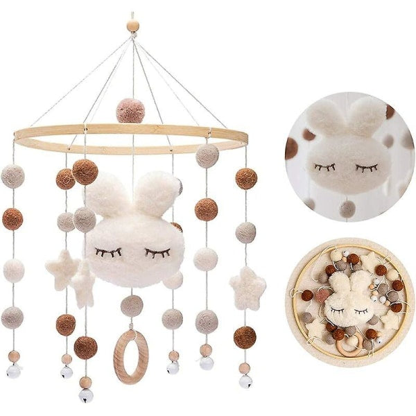 Baby with Felt Ball Hanging Nursery Rabbit Wind Chime Crib Mobile (White)