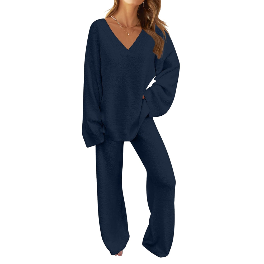 Women's 2-Piece Clothing Set, Fuzzy Wool Pajama Set Long Sleeve Loungewear, Black L