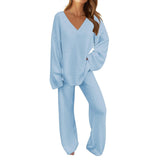 Women's 2-Piece Set Fuzzy Fleece Pajamas Set Long Sleeve Loungewear Blue Blue Blue M