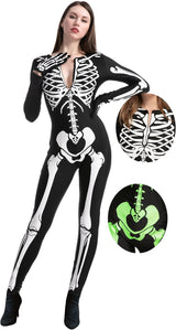 Adult Chilren Skeleton Costume Women Glow in the Dark Skeleton Costume Halloween Fancy Dress Up Role Play Cosplay 1 XL