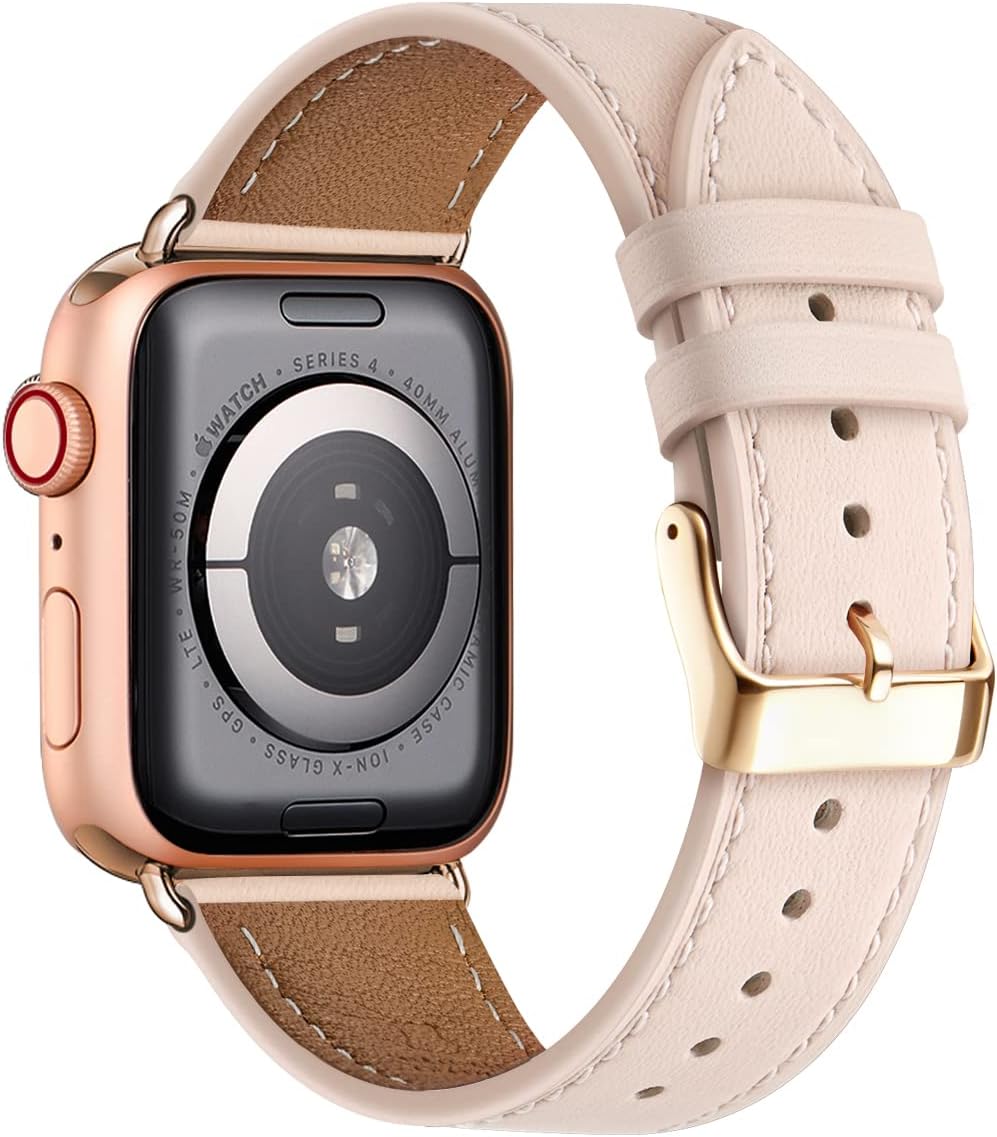 Apple Watch Leather Band, Genuine Leather Replacement Band for Apple Watch Series 9 8 7 6 5 4 3 2 1 & iWatch SE, Ultra (38mm 40mm 41mm, Rose Gold) Pink
