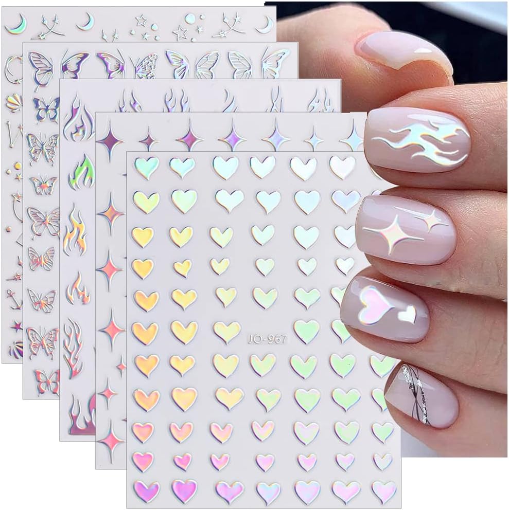Sheets Aurora Nail Stickers 3D Holographic Laser Heart Star Moon Flame Flower Butterfly Nail Decals Self-adhesive Nail