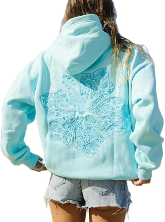 Palm Puff Oversized Hoodies for Women, Teenage Girls Preppy Sweatshirt Long Sleeve Y2K Graphic T-shirt with Pockets Light Blue Light Blue Light Blue S