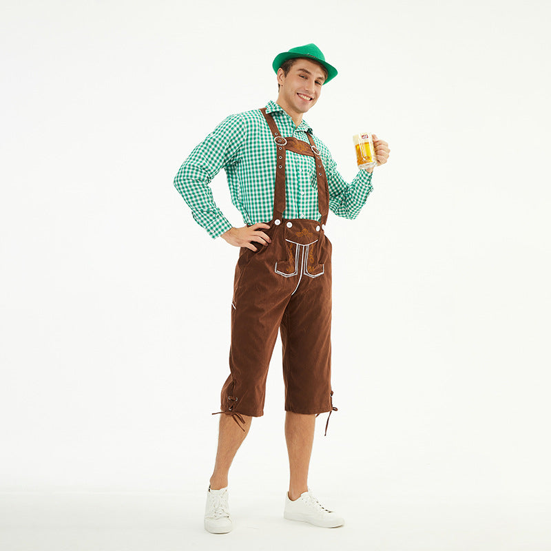 Munich Oktoberfest Clothing Men's Plaid Shirt Overall Costume Stage Performance Clothing Brown pants+red top(without hat) XL