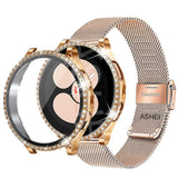 Compatible with Samsung Galaxy Watch 4 5 6 Bracelet Case 40mm 44mm Mesh Loop Stainless Steel Strap Bling Case Gold Set watch6 40mm