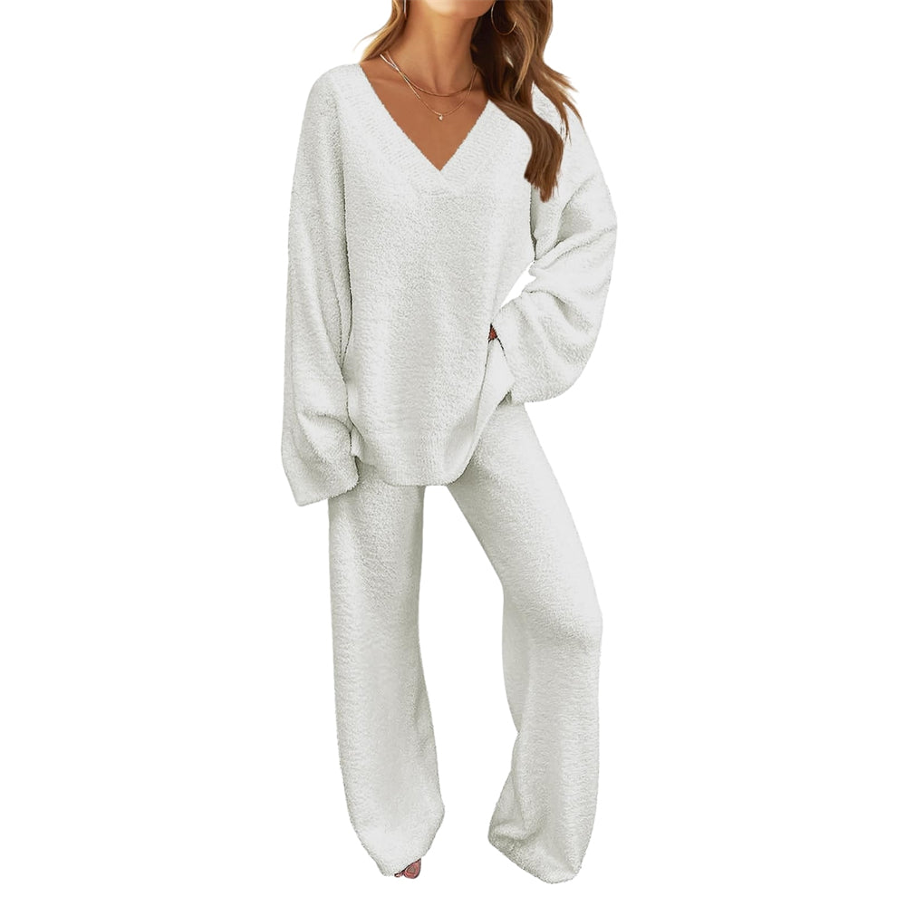 Women's 2-Piece Set Fuzzy Fleece Pajamas Set Long Sleeve Loungewear White White White S