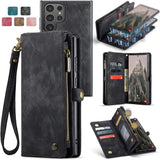 2-in-1 Detachable Wallet Case for iPhone 16 & Samsung, Retro Leather Flip Case with Card Holder & Magnetic Zipper Black Black 三星S25