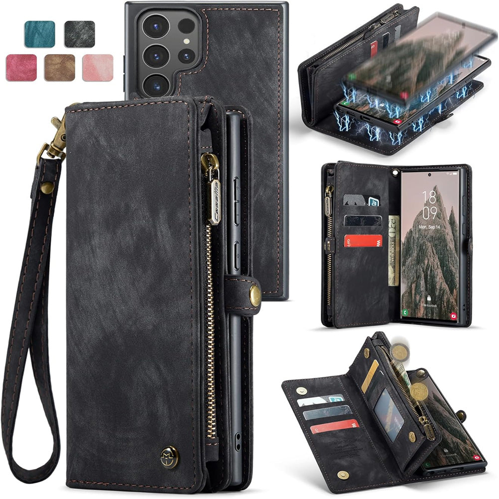 2-in-1 Detachable Wallet Case for iPhone 16 & Samsung, Retro Leather Flip Case with Card Holder & Magnetic Zipper Black Black 三星S25
