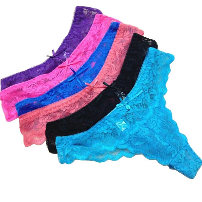12-Pack Thong Lace Panties, 6 Colors, XS