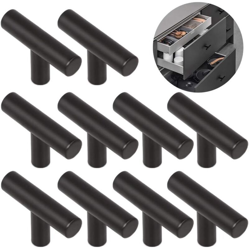 10 Pack Black Stainless Steel Kitchen Cabinet Door Handles, 50mm Hole Spacing