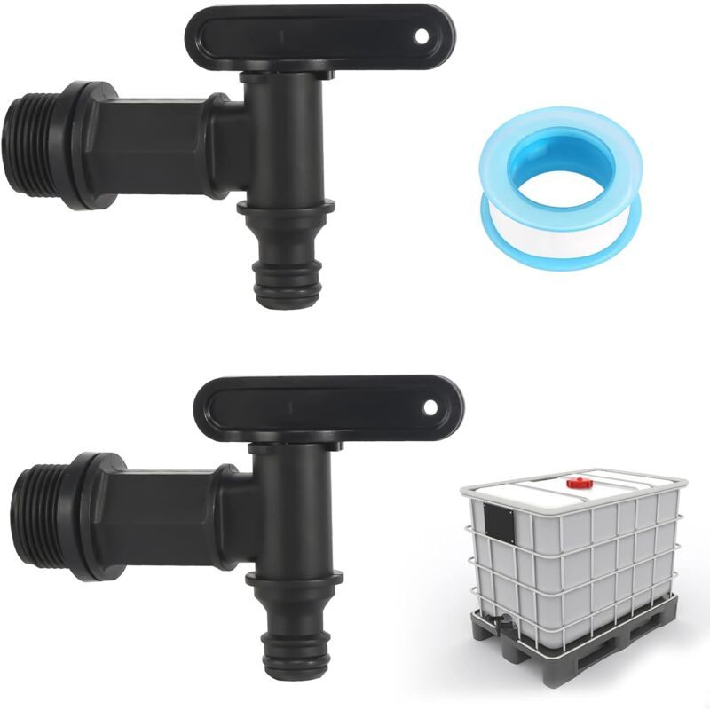 2 Pack Rain Tank Tap with PTFE Tape IBC Drain Tap Plastic Replacement Tap, 0.75 Inch