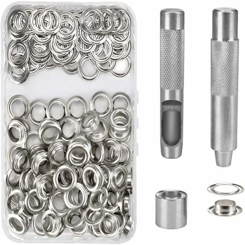 100 Pack Metal Grommet Eyelet Kit with Tools for Canvas Tarpaulin Tent Repair Silver, 14mm
