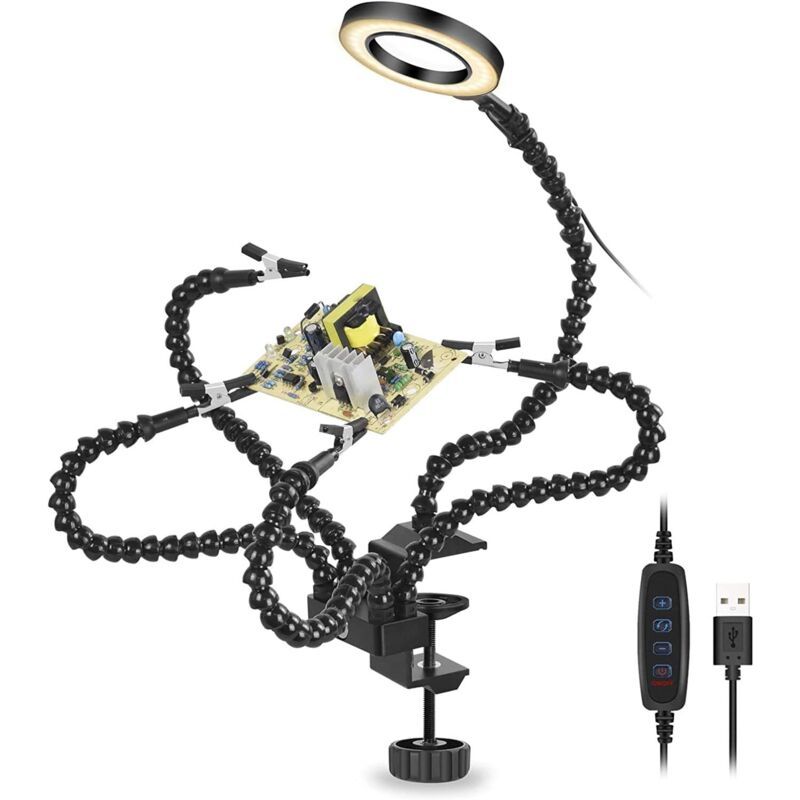 Helping Hands Soldering Third Hand PCB Holder with 5 Flexible Arms and 3 Adjustable Light Settings Magnifying Lamp