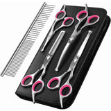 5 Pieces Dog Grooming Scissors, Titanium Coated Stainless Steel Pet Grooming Tool Set, Thinning Straight Curved Shear and Comb, Pink