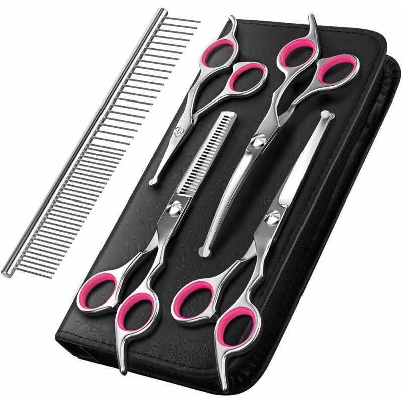 5 Pieces Dog Grooming Scissors, Titanium Coated Stainless Steel Pet Grooming Tool Set, Thinning Straight Curved Shear and Comb, Pink