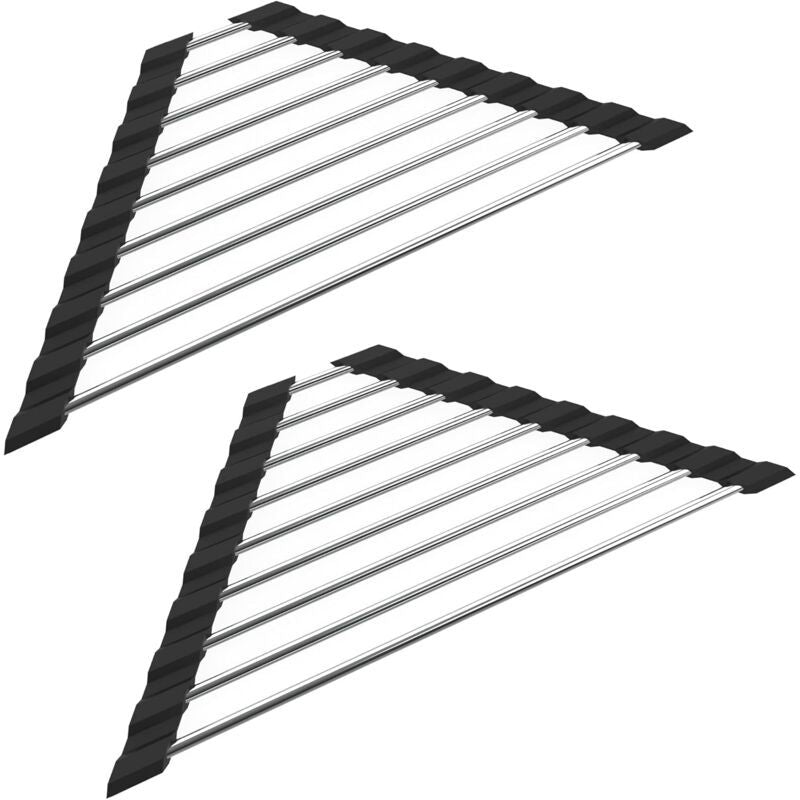 2 Pieces Sink Dish Drainer Black Foldable Removable Stainless Steel Sink Roller Drainer Triangular, 41CM, 15CM