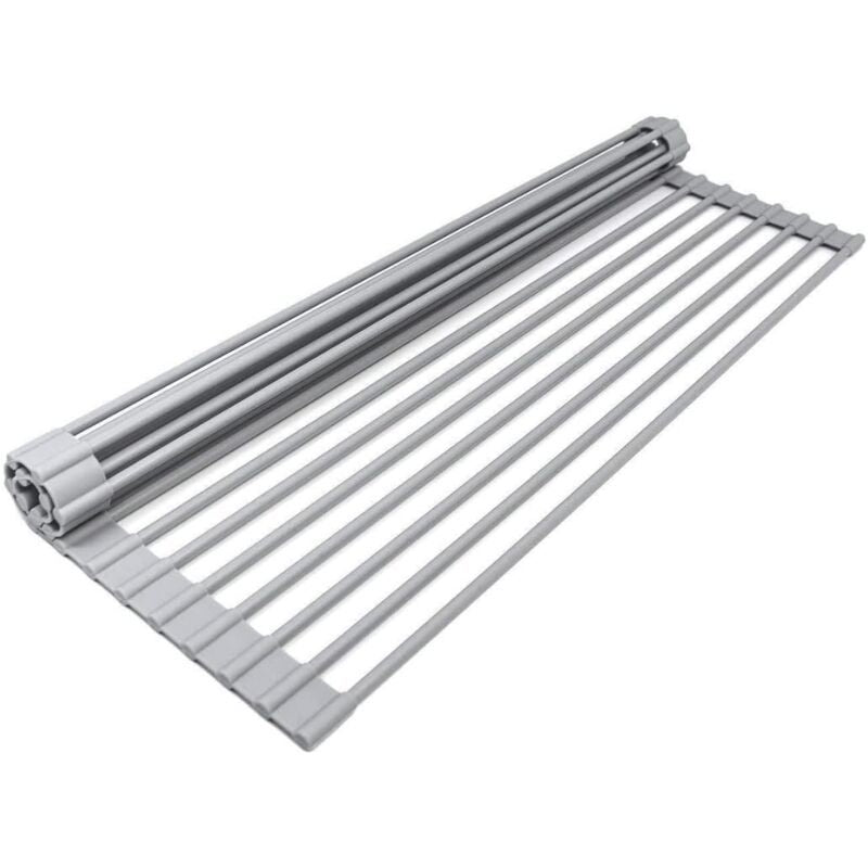 Sink Drainer Basket Roll Up Heat Resistant Dishwasher Shelf with 19 Tubes, Gray, 33 x 45 x 1cm