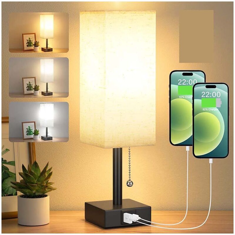 Dimmable Bedside Lamp with USB A and USB C Charging Ports LED Bulb Pull Chain Switch, 3000K 4000K 5000K
