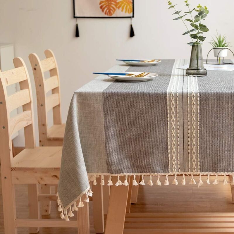 Tablecloths, Embroidery Table Cloth Washable Cotton Linen Tassel Tablecloth, Anti Fade Wrinkle Free Table Cover, Grey, 100 x 160cm