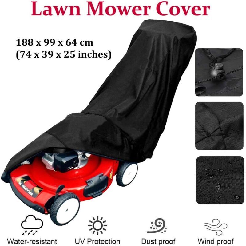 Waterproof Lawn Mower Cover 190T with Drawstring and Storage Bag Anti UV Dustproof, 187.96 x 99 x 63.5cm