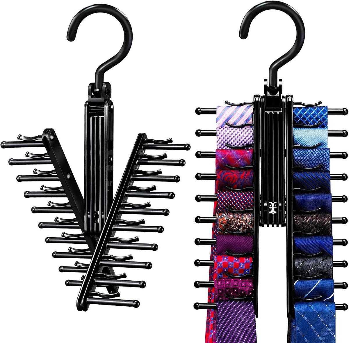 2 PCS Tie Rack Holder, 360 Degree Swivel Tie and Belt Hanger with Non-Slip Clips, Rotate to Open and Close, Space Saving Closet Organizer