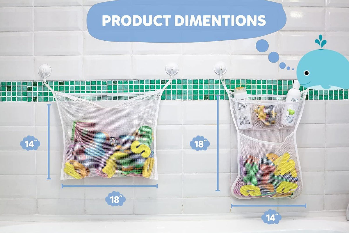 2 Pack Mesh Bath Toy Organizer with 8 Hooks, Bathtub Toy Holder and Shower Caddy for Kids Toddlers, 18 x 14 Inch