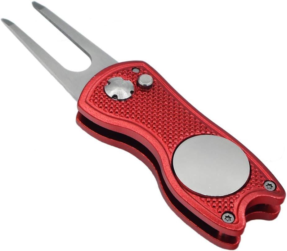 Golf Divot Repair Tool with Pop-up Button and Magnetic Ball Marker, Lightweight and Portable Pitch Mark Fixer for Professional Golfers, Red
